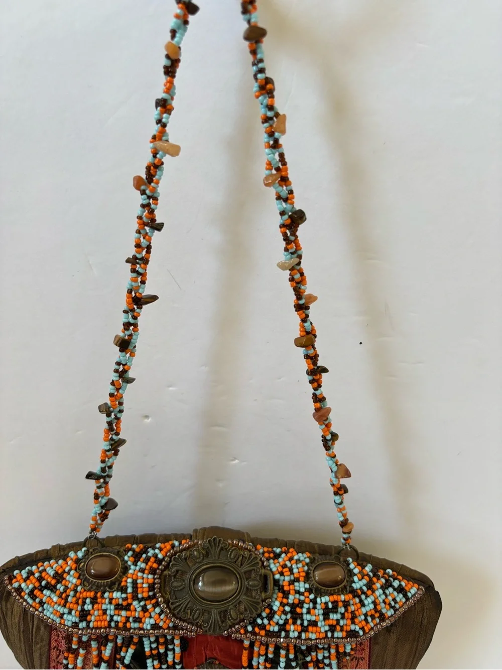 VNTG Mary Frances‎ Ember Oracle Beaded Ruffle Clutch Bag Artsy Brown Satin Fairy